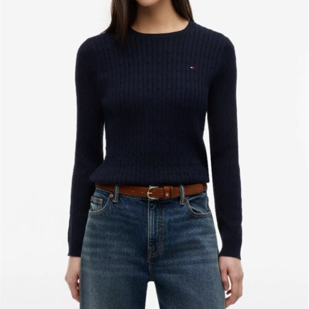 Tommy Hilfiger Navy Blue 100% Cotton Knit Ribbed Crewneck Cable Knit Sweater